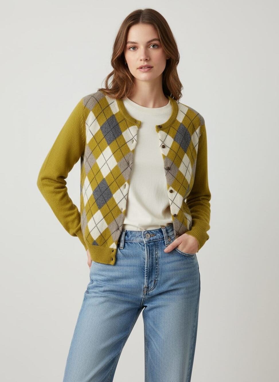 J.Crew Vintage Classic Preppy Argyle Wool Blend Cardigan Sweater, Large